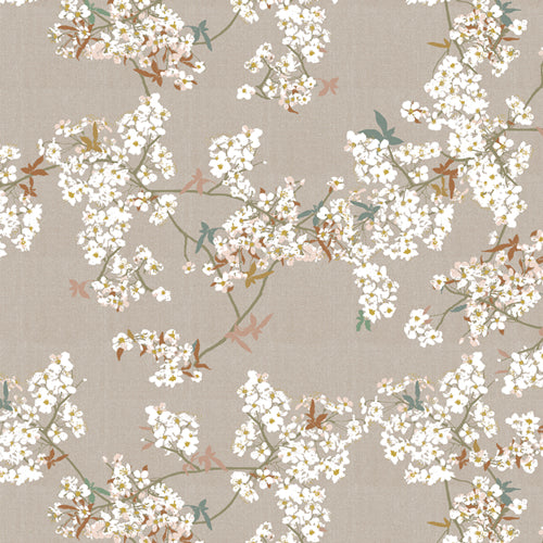 Floral patterned fabric with white flowers and green leaves on a beige background from Soar by Katerina Roccella Art Gallery Fabrics premium cotton for sewing and crafting.