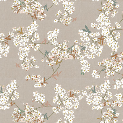 Floral patterned fabric with white flowers and green leaves on a beige background from Soar by Katerina Roccella Art Gallery Fabrics premium cotton for sewing and crafting.