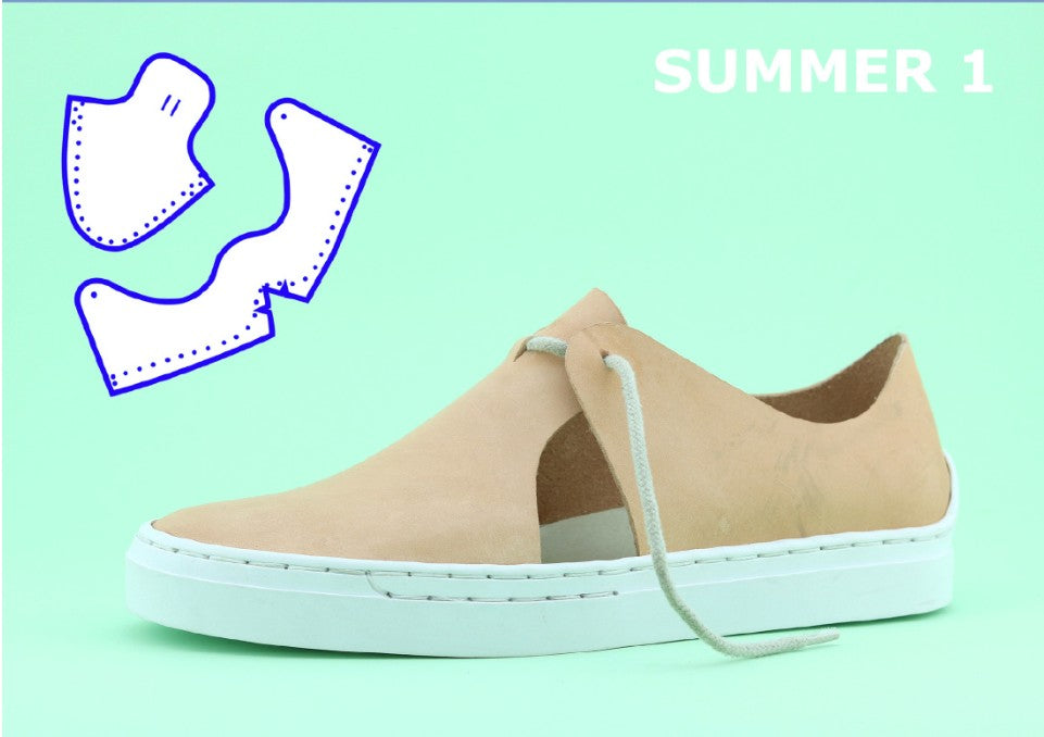 Beige slip-on shoe with white sole on a light green background, featuring the word 'SUMMER' and shoe sole diagram from a sneaker making kit pattern. 