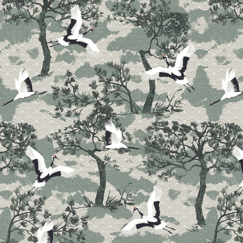 Patterned fabric of cranes and trees on a green background from Soar by Katerina Roccella Art Gallery Fabrics premium cotton for sewing and crafting.