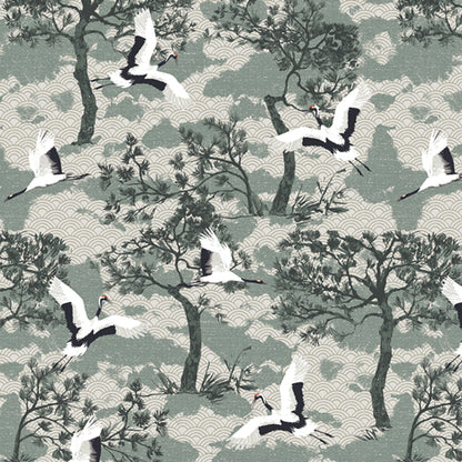 Patterned fabric of cranes and trees on a green background from Soar by Katerina Roccella Art Gallery Fabrics premium cotton for sewing and crafting.