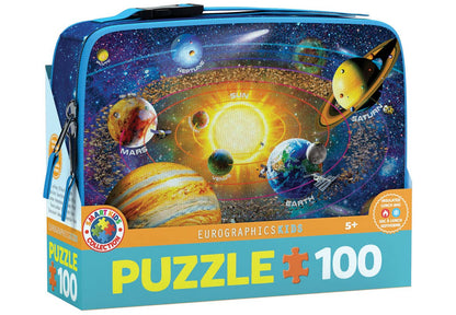Space-themed puzzle packaging with illustrations of planets and stars on a blue background.