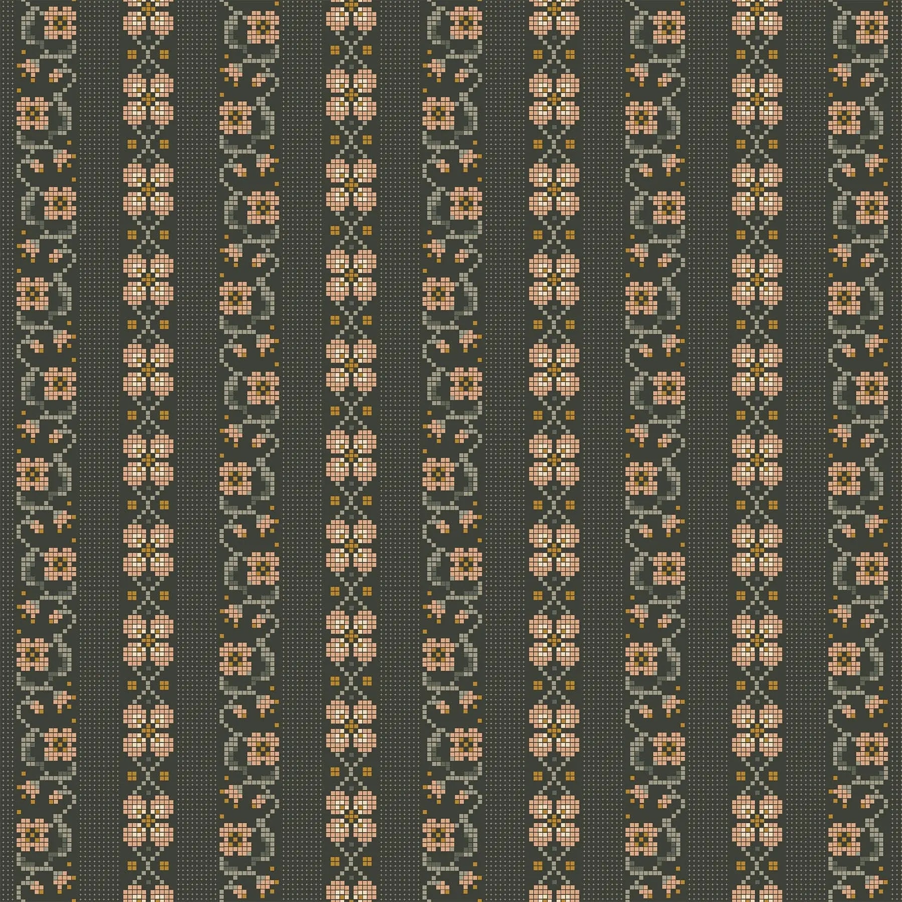 Fabric with a green background with striped cross stich illustration design. from Klara FIGO Fabrics fat quarter bundle Bernadett Urbanovics 