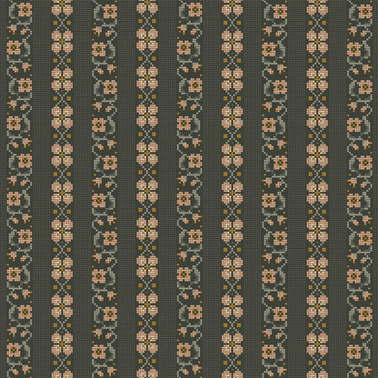 Fabric with a green background with striped cross stich illustration design. from Klara FIGO Fabrics fat quarter bundle Bernadett Urbanovics 