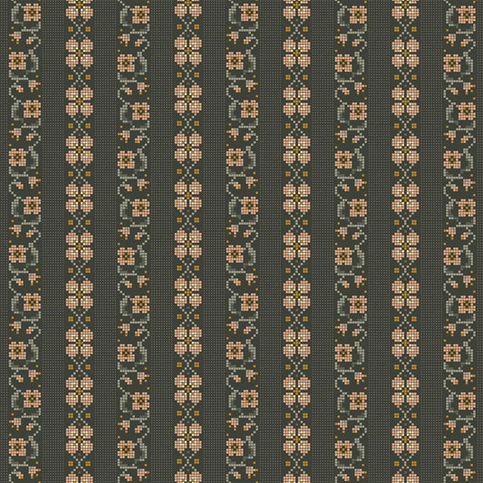 Fabric with a green background with striped cross stich illustration design. from Klara FIGO Fabrics fat quarter bundle Bernadett Urbanovics 