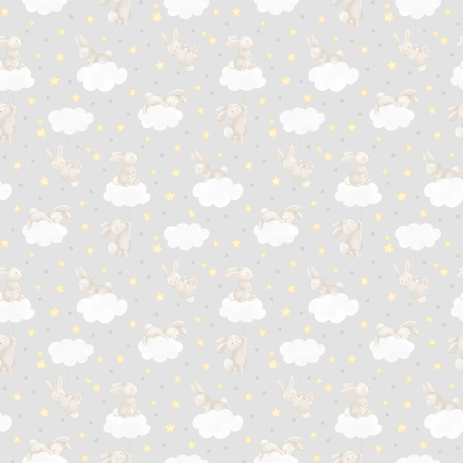 a gray  flannel fabric with a bunny clouds stars illustrations. from FIGO Fabrics line Snuggle Bunny. 100% Cotton for quilting and crafting