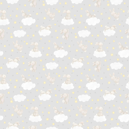 a gray  flannel fabric with a bunny clouds stars illustrations. from FIGO Fabrics line Snuggle Bunny. 100% Cotton for quilting and crafting