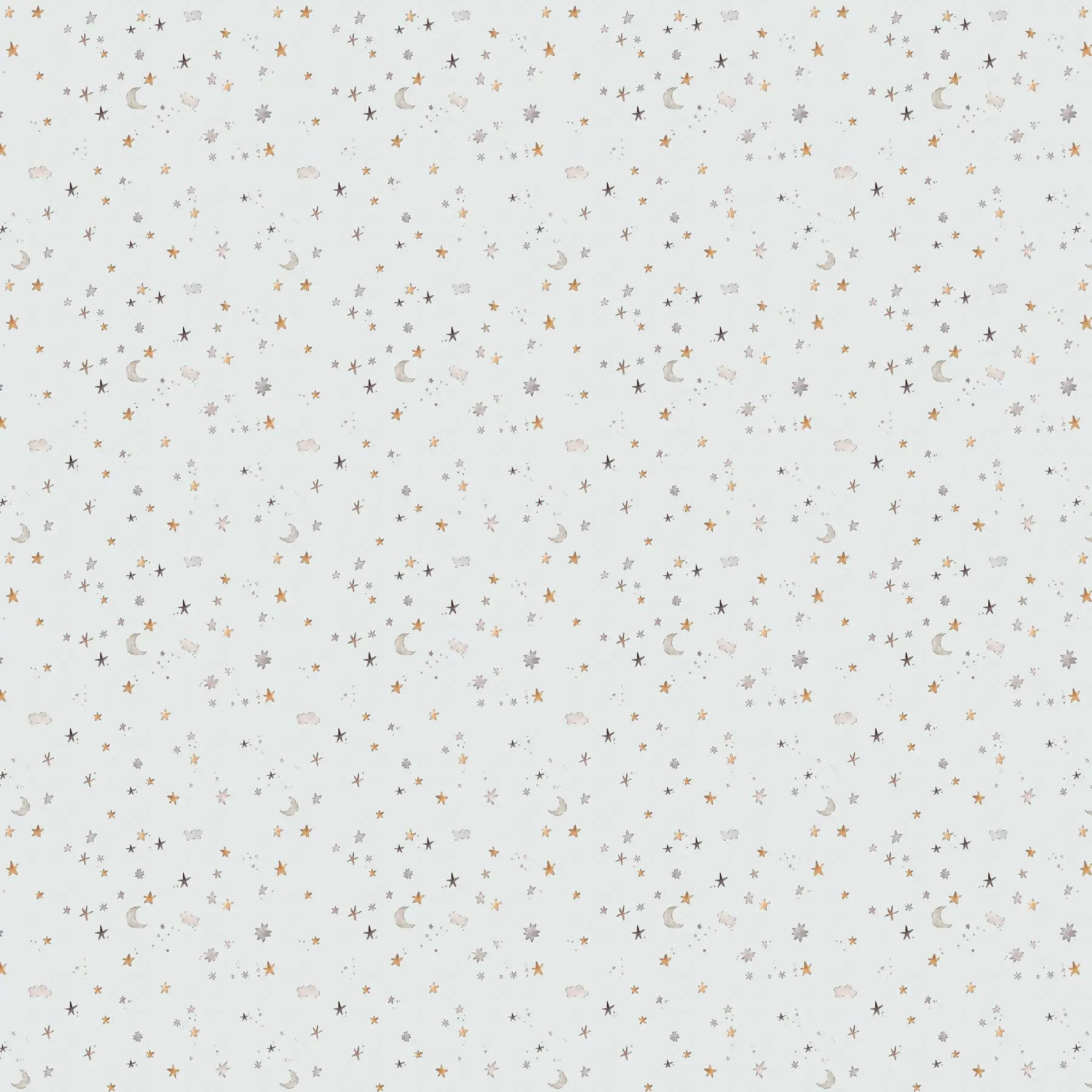 Pattern of small stars and geometric shapes on a light blue background. 100% cotton fabric for child quilt 
