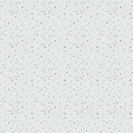 Pattern of small stars and geometric shapes on a light blue background. 100% cotton fabric for child quilt 