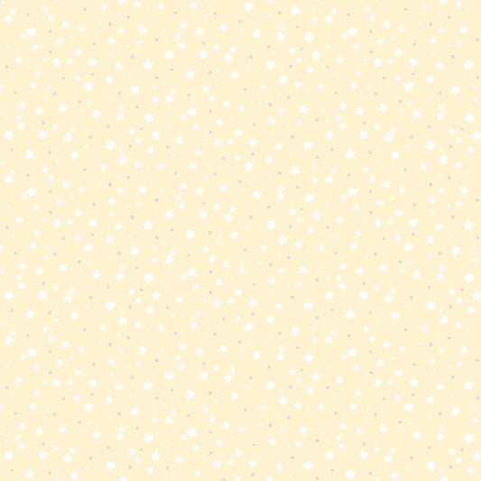 a yellow flannel fabric with stars illustrations. from FIGO Fabrics line Snuggle Bunny. 100% Cotton for quilting and crafting