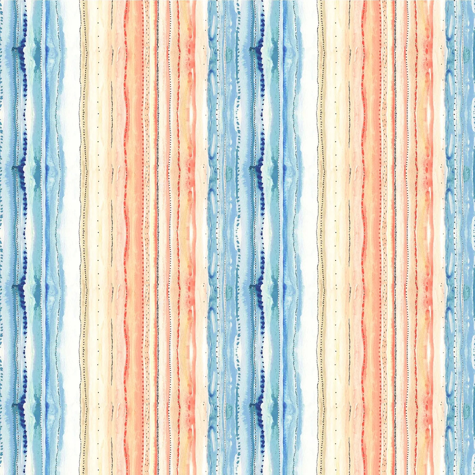white colored fabric with blue orange and yellow wavy lines.  typically used for quilting and crafting. from Eden from FIGO Fabrics 