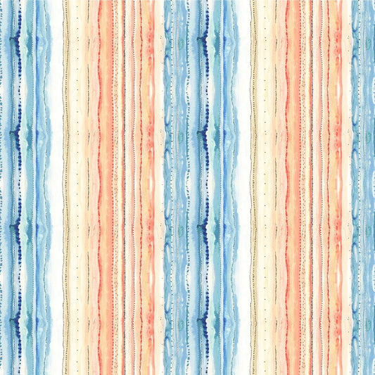 white colored fabric with blue orange and yellow wavy lines.  typically used for quilting and crafting. from Eden from FIGO Fabrics 