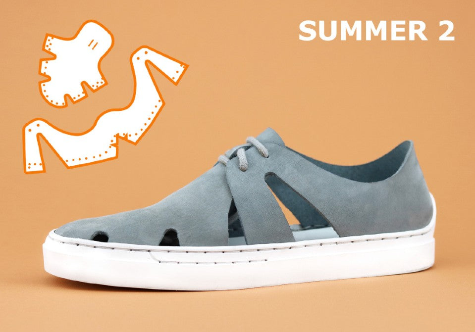 Gray sneaker with cut-out design on a brown background with 'Summer 2' text.