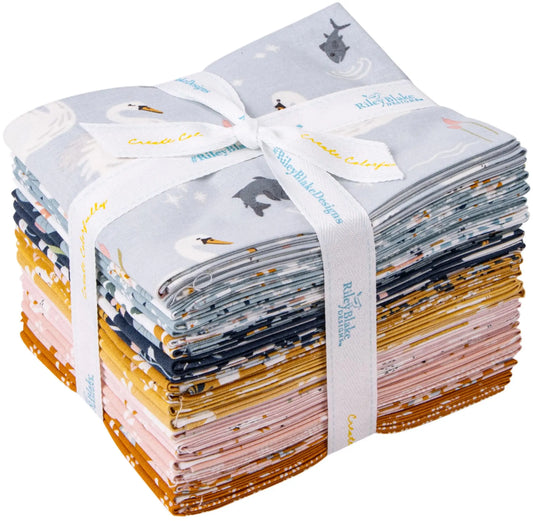 A bundle of folded fat quarters with various patterns, predominantly in beige, white, and blue colors, tied together with a ribbon. 100% cotton fabric for quilting