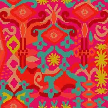 Colorful pattern with red, green, and yellow on a pink background