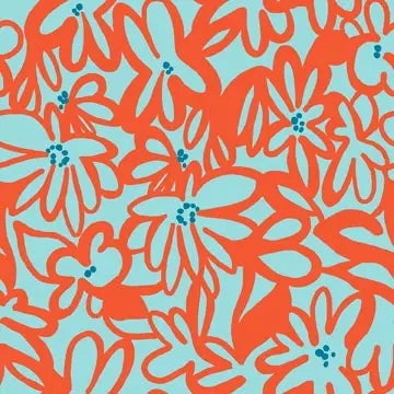 Pattern of orange flowers on a blue background. swim material sewing