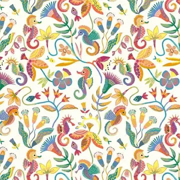 Colorful pattern of seahorses and sea plants on a white background. sewing material