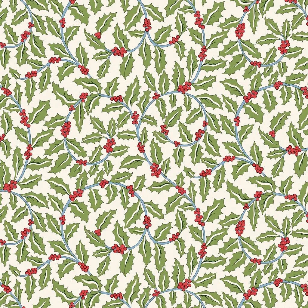 A repeating holly pattern with green leaves, small red berries, and light blue stems on an off-white background by Liberty Fabrics for Christmas sewing crafting and quilting.