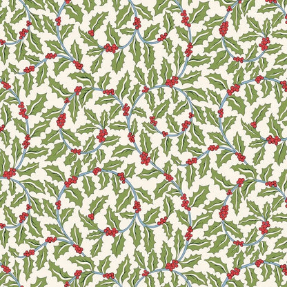 A repeating holly pattern with green leaves, small red berries, and light blue stems on an off-white background by Liberty Fabrics for Christmas sewing crafting and quilting.