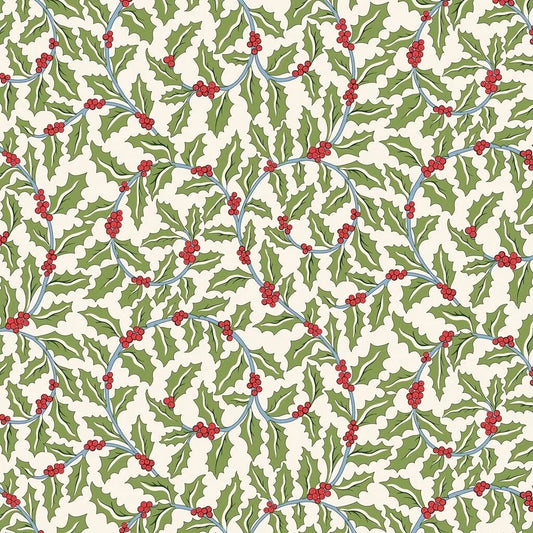 A repeating holly pattern with green leaves, small red berries, and light blue stems on an off-white background by Liberty Fabrics for Christmas sewing crafting and quilting.
