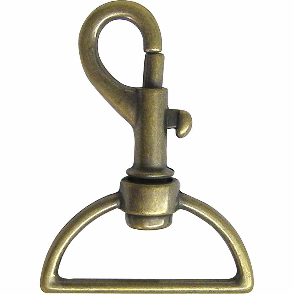 Antique gold metal swivel hook on a white background