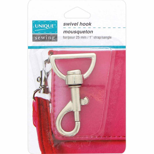Silver swivel hook on a pink strap with packaging labeled 'UNIQUE sewing'.