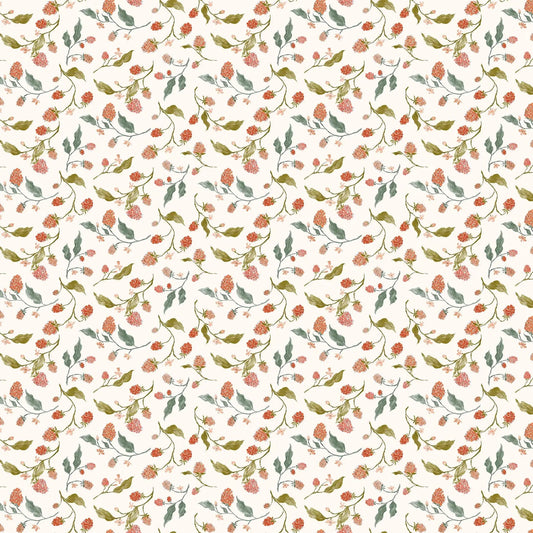 fabric with a light background and pattern of red, pink and green flowers berries and plants.