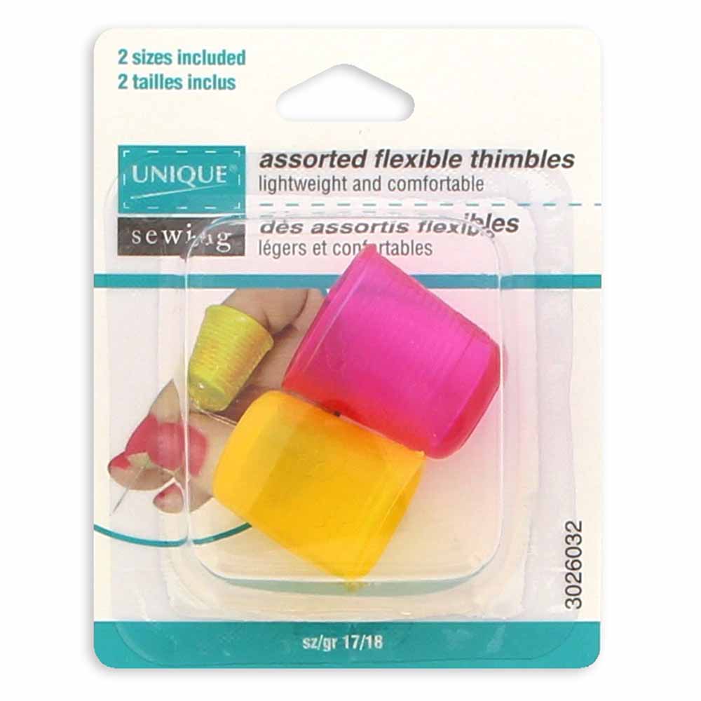 Packaged assorted flexible thimbles with colorful thimbles on a white background