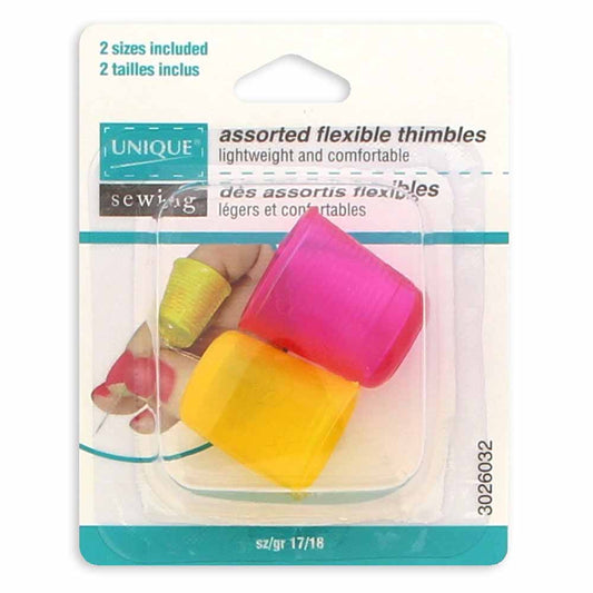 Packaged assorted flexible thimbles with colorful thimbles on a white background
