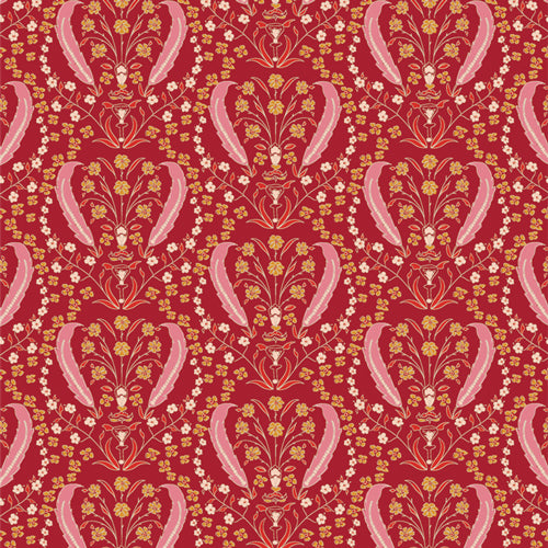 Patterned fabric with pink floral design on a red background from Fairview avenue Bari J Art Gallery Fabrics quilting cotton for sewing and crafting.