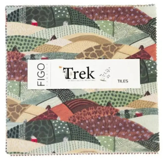 Pack of Figo Trek tiles with a colorful landscape design. From FIGO Fabrics Layer cake 42 pieces, 10" squares
