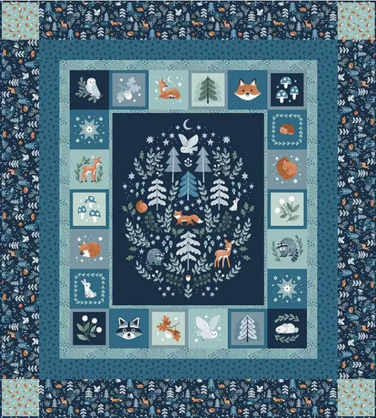 Twilight Creatures Quilt Kit featuring fabric by Natalia Juan Abello. dark blue with cartoon forest creatures children's print. 