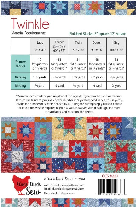 Quilt pattern guide with fabric requirements for various bed sizes, featuring colorful star and block patterns.