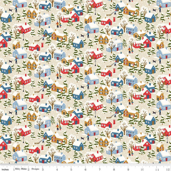 Liberty of London Christmas fabric with a snowy village scene for sewing, quilting and crafting.