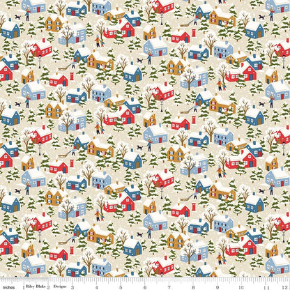 Liberty of London Christmas fabric with a snowy village scene for sewing, quilting and crafting.