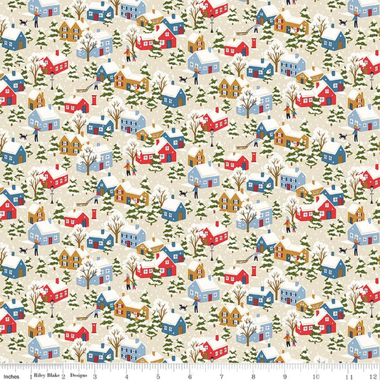 Liberty of London Christmas fabric with a snowy village scene for sewing, quilting and crafting.