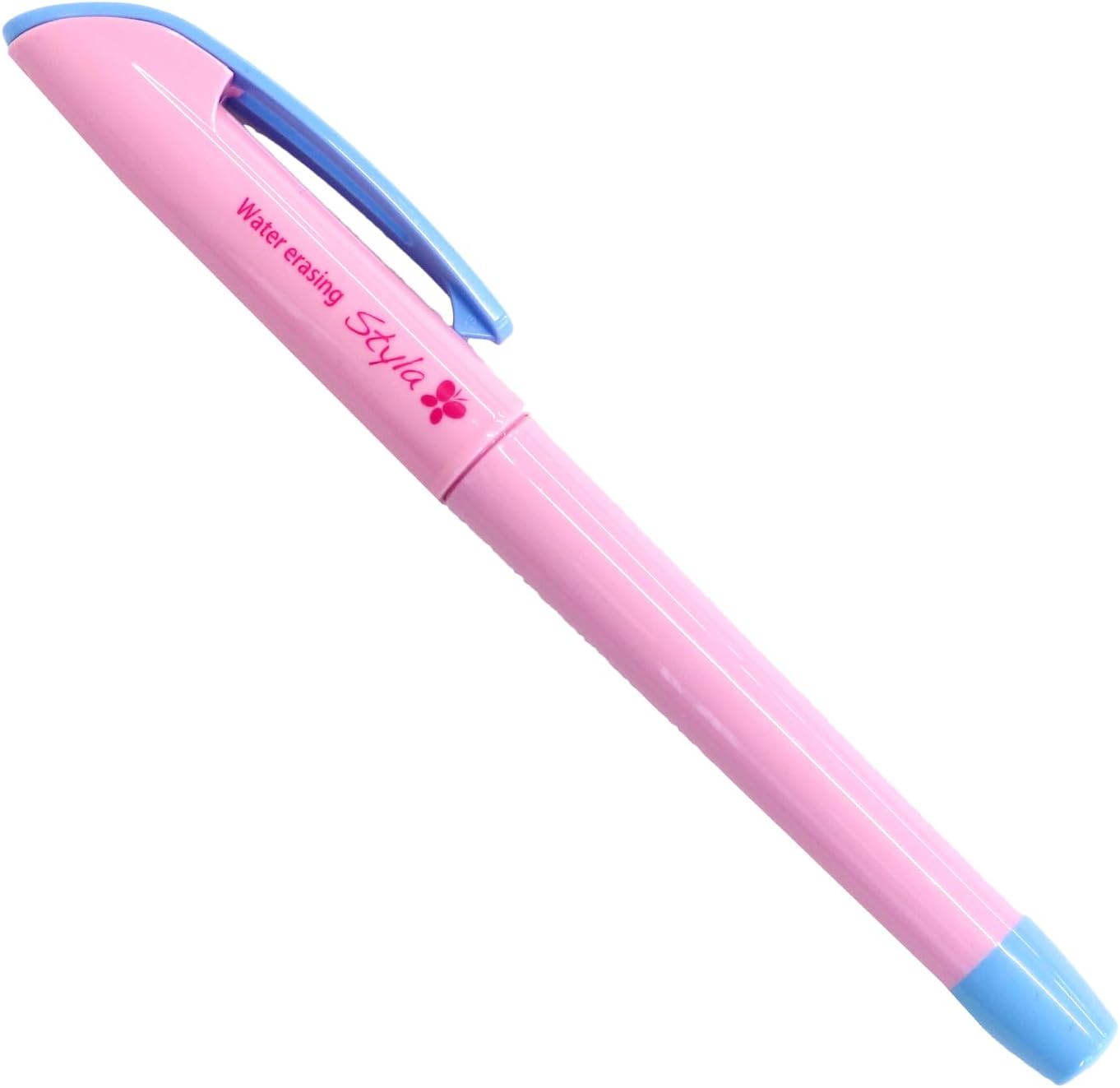 Pink and blue water erasing stylus on a white background