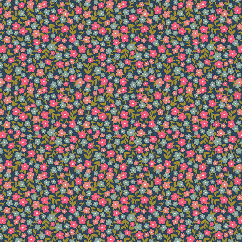 Small floral patterned fabric with pink and green flowers on a dark blue background