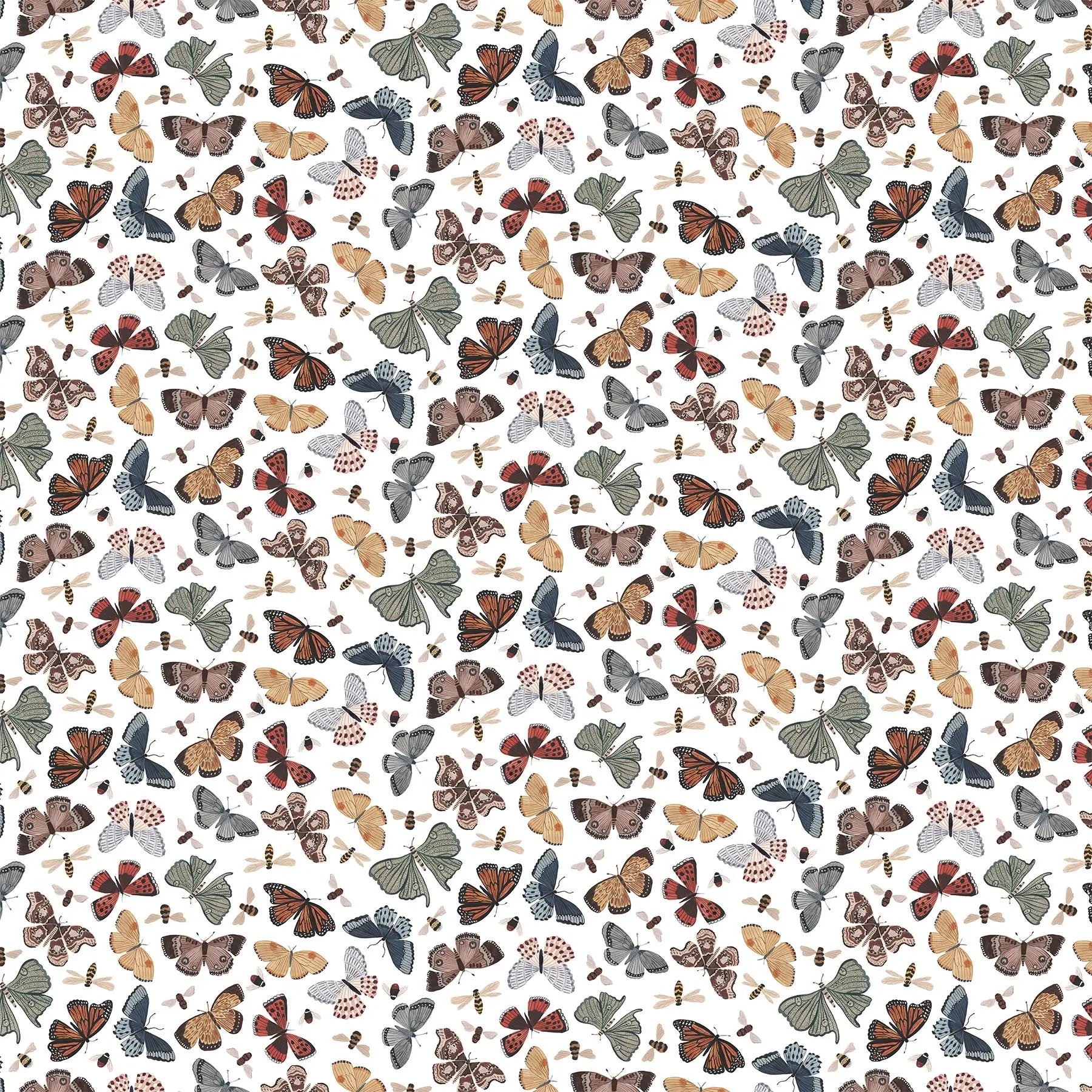 white colored fabric with multicolored butterfly iillustrations.  typically used for quilting and crafting. from Eden from FIGO Fabrics 