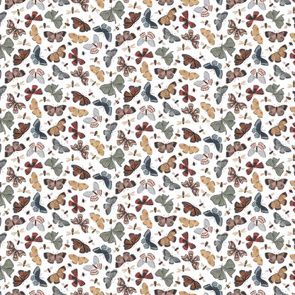 white colored fabric with multicolored butterfly iillustrations.  typically used for quilting and crafting. from Eden from FIGO Fabrics 