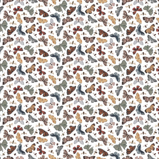 white colored fabric with multicolored butterfly iillustrations.  typically used for quilting and crafting. from Eden from FIGO Fabrics 