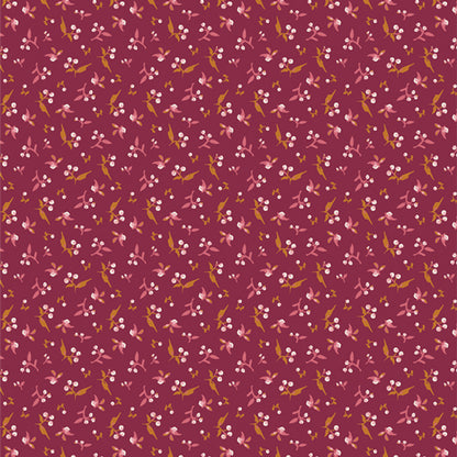 Floral patterned fabric on a red background from Fairview avenue Bari J Art Gallery Fabrics quilting cotton for sewing and crafting.