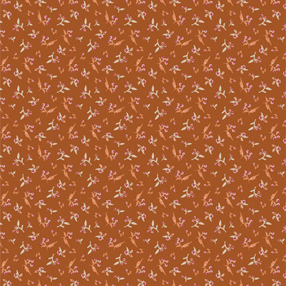 Small floral patterned fabric on a brown background from Fairview avenue Bari J Art Gallery Fabrics quilting cotton for sewing and crafting.
