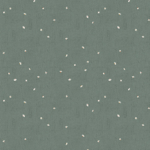Green fabric with small white floral patterns from Soar by Katerina Roccella Art Gallery Fabrics premium cotton for sewing and crafting.