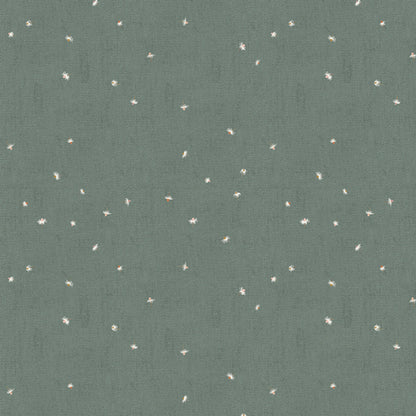 Green fabric with small white floral patterns from Soar by Katerina Roccella Art Gallery Fabrics premium cotton for sewing and crafting.