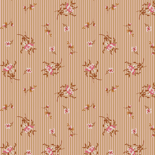 Floral patterned fabric with pink flowers and brown leaves on a beige background from Fairview avenue Bari J Art Gallery Fabrics quilting cotton for sewing and crafting.