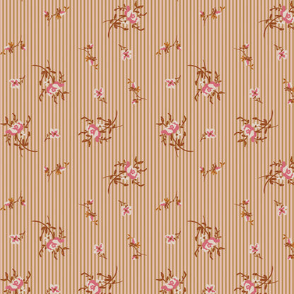 Floral patterned fabric with pink flowers and brown leaves on a beige background from Fairview avenue Bari J Art Gallery Fabrics quilting cotton for sewing and crafting.