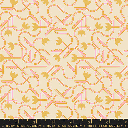Patterned fabric with pink and gold designs on a beige background, featuring Ruby Star Society branding.