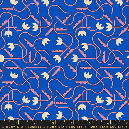 Patterned fabric with pink and white shapes on a blue background, featuring Ruby Star Society branding.