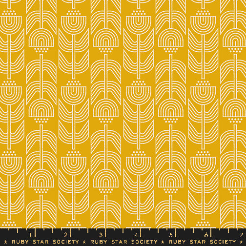Patterned fabric with geometric design on a yellow background, featuring the Ruby Star Society label.